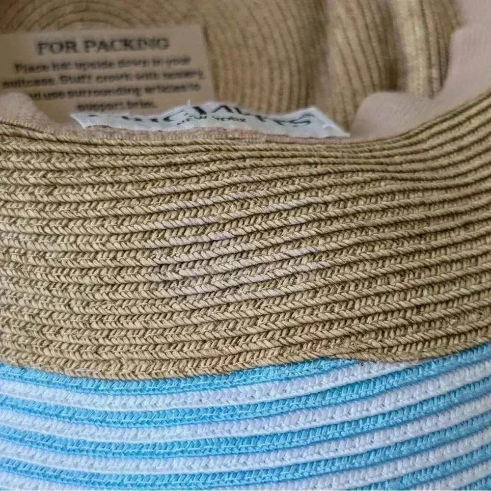 ERIC JAVITS Hampton Sun Hat Squishee Straw Packable Wide Brim Natural Gold Blue - Picture 9 of 12
